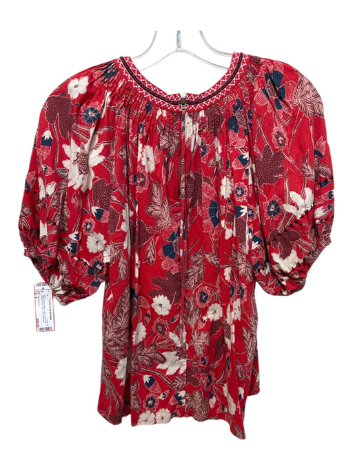 Ulla Johnson Size 4 Red, Cream & Blue Cotton Short Puff Sleeve Floral Top Red, Cream & Blue / 4