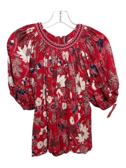 Ulla Johnson Size 4 Red, Cream & Blue Cotton Short Puff Sleeve Floral Top Red, Cream & Blue / 4