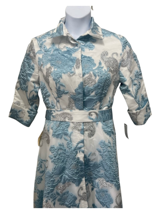 TS Couture Size 10 White & Blue Polyester Brocade Button Front Collar Gown White & Blue / 10