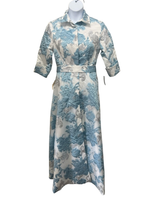 TS Couture Size 10 White & Blue Polyester Brocade Button Front Collar Gown White & Blue / 10