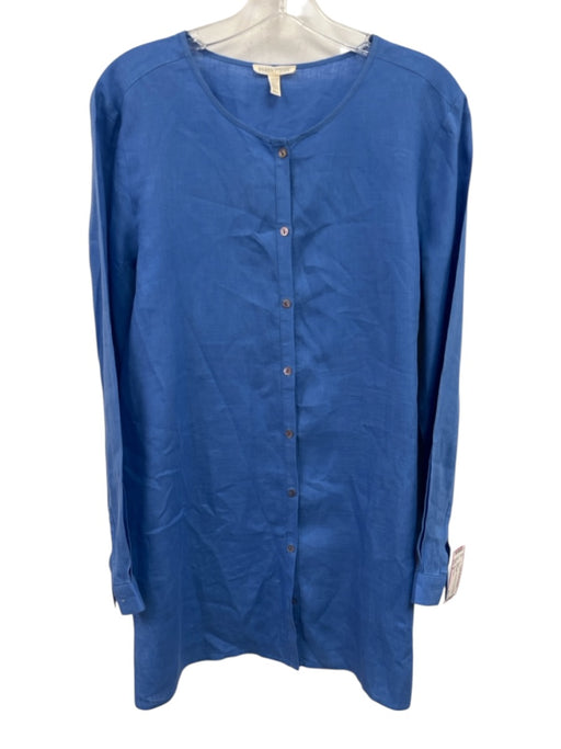 Eileen Fisher Size M Blue Linen Long Sleeve Buttons Midi Dress Blue / M