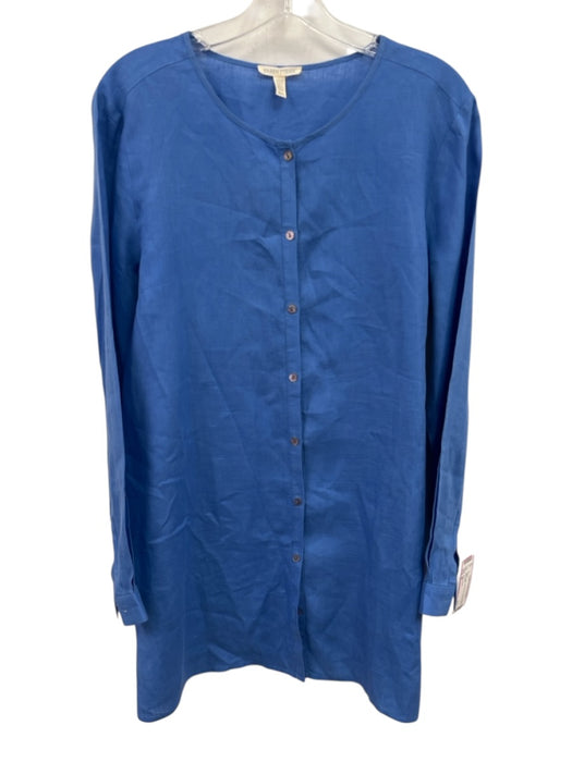 Eileen Fisher Size M Blue Linen Long Sleeve Buttons Midi Dress Blue / M
