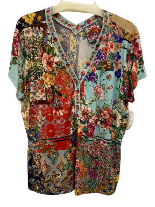 Johnny Was Size L Turquoise, Red & Multi Viscose Blend Floral Short Sleeve Top Turquoise, Red & Multi / L