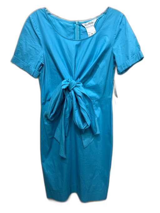 MaxMara Size 8 Aqua Blue cotton & polyamide Short Sleeve Waist tie Shirt Dress Aqua Blue / 8