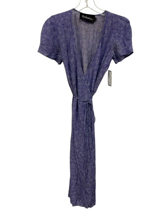 Realisation Size XS Purple Silk Short Sleeve Floral Wrap Midi Dress Purple / XS