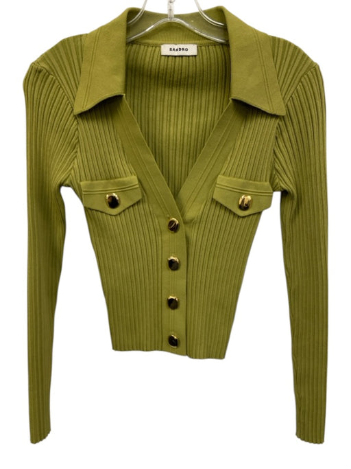 Sandro Size 0 Light Green Viscose Blend Ribbed Button Front Long Sleeve Top Light Green / 0