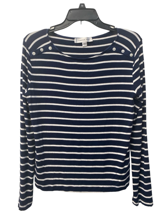 Amour Vert Size S Navy & white Long Sleeve Stripe pull over Button Detail Top Navy & white / S