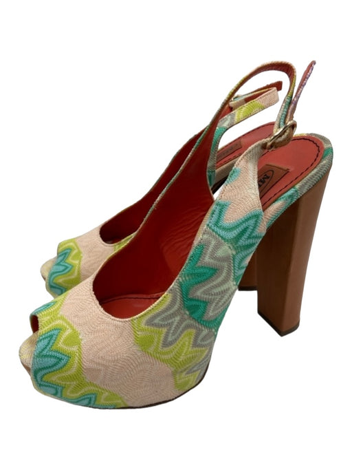 Missoni Shoe Size 38 Beige Blue Green Peep Toe Slingback Knit Block heel Pumps Beige Blue Green / 38