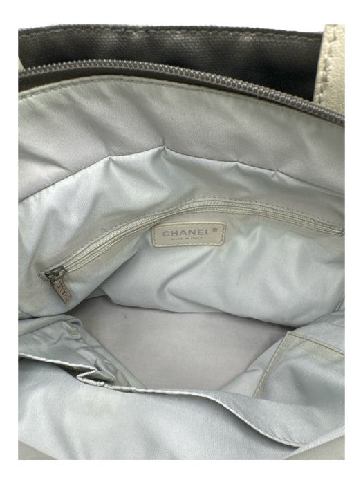 Chanel Gray & White Coated Canvas Leather Silver Tone Hardware Zip closure Bag Gray & White