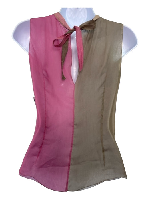 Prada Size 38 Pink Green Beige Silk Pleated Sleeveless Back Tie Sheer Top Pink Green Beige / 38