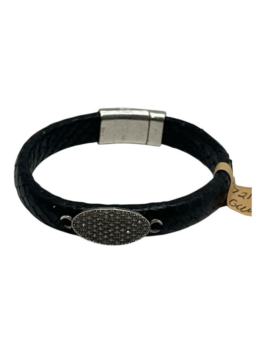 Black & Silver Python Leather Melee Diamonds Oval Magnetic Close Bracelet Black & Silver
