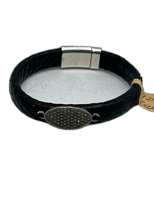 Black & Silver Python Leather Melee Diamonds Oval Magnetic Close Bracelet Black & Silver