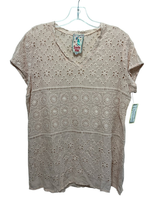 Johnny Was Size M Light Pink Cupra Rayon Floral Eyelet Short Sleeve V Neck Top Light Pink / M