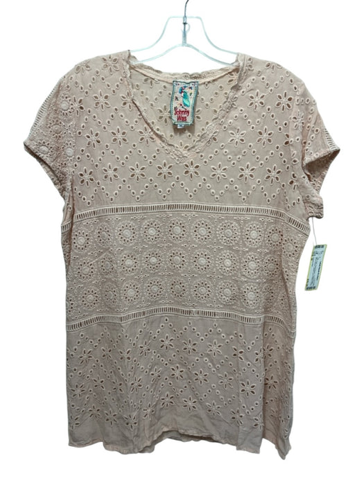 Johnny Was Size M Light Pink Cupra Rayon Floral Eyelet Short Sleeve V Neck Top Light Pink / M