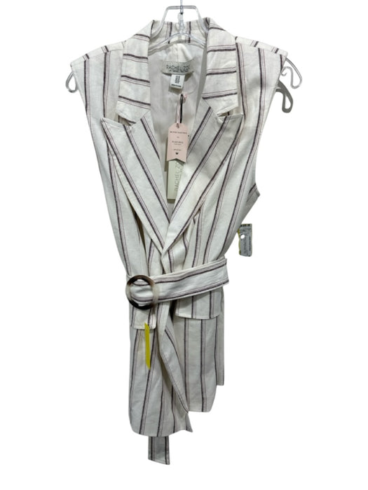 Rachel Zoe Size 10 White & Burgundy Linen Blend Striped Collared Long Vest White & Burgundy / 10