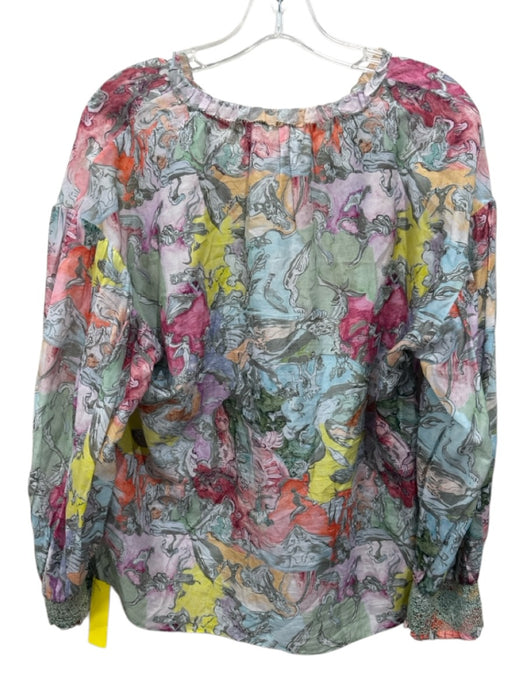 Alice + Olivia Size S Multi Cotton & Silk Long Balloon Sleeve Tie V Neck Top Multi / S