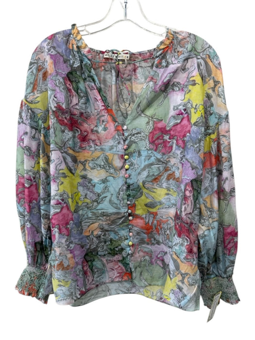 Alice + Olivia Size S Multi Cotton & Silk Long Balloon Sleeve Tie V Neck Top Multi / S