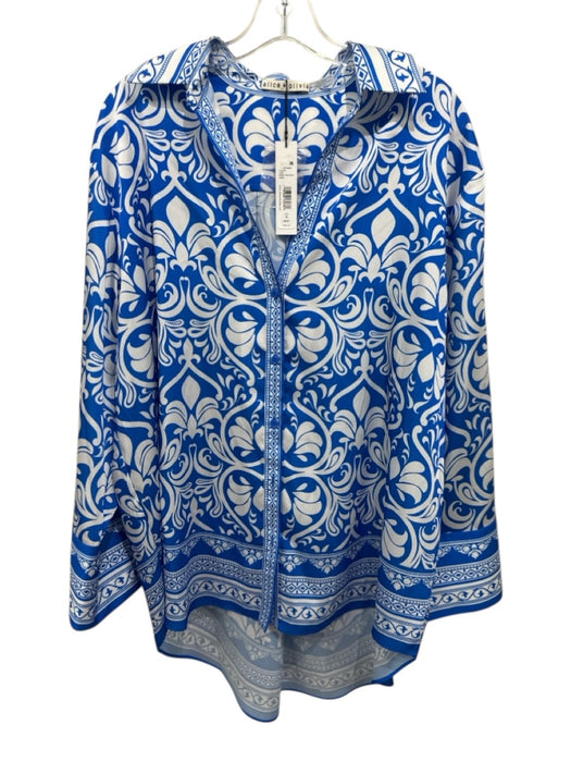Alice + Olivia Size M Blue & White Polyester Damask Print Long Sleeve Shirt Top Blue & White / M