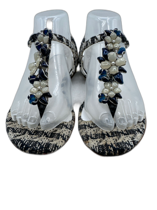 Chanel Shoe Size 37 Black, White & Blue textile upper Tweed T Strap Sandals Black, White & Blue / 37