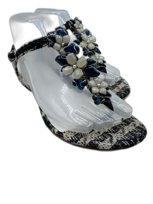 Chanel Shoe Size 37 Black, White & Blue textile upper Tweed T Strap Sandals Black, White & Blue / 37