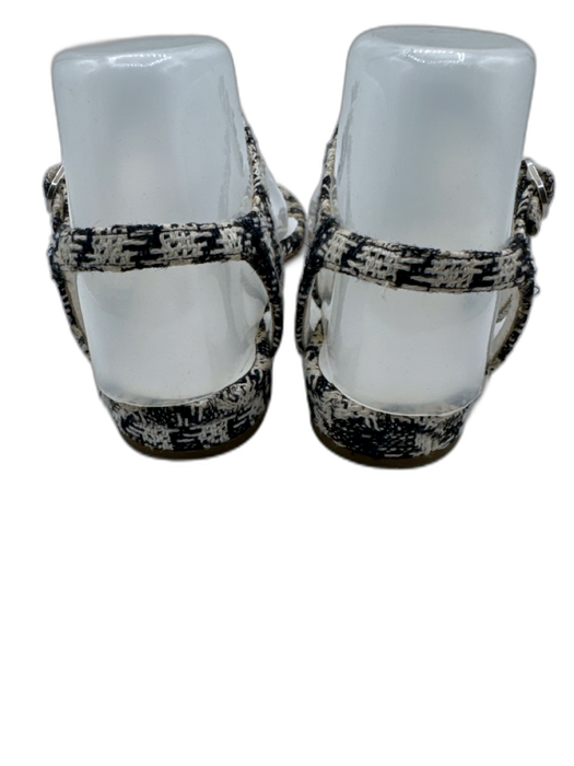 Chanel Shoe Size 37 Black, White & Blue textile upper Tweed T Strap Sandals Black, White & Blue / 37