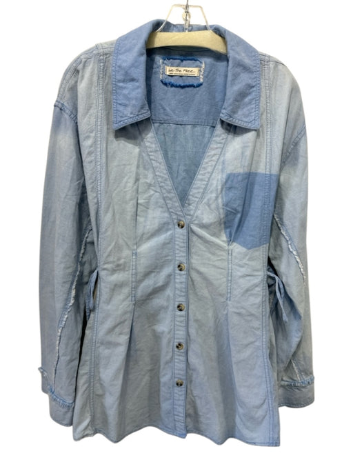 We The Free Size L Blue Cotton Frayed Edges Side Ties Button Down Top Blue / L