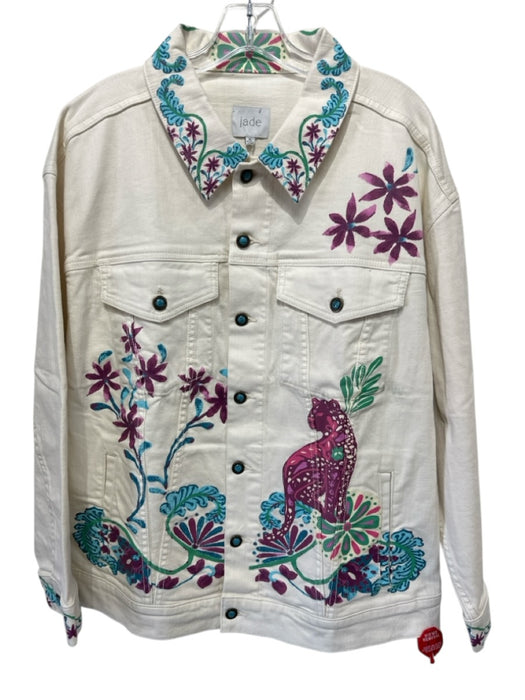 Jade by Johnny Was Size XL Cream, Blue, Purple Cotton Blend Flap Pockets Jacket Cream, Blue, Purple / XL