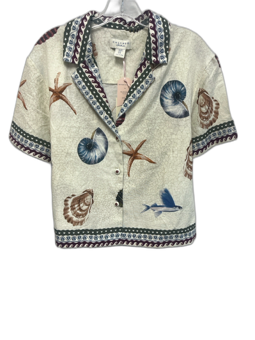 Calypso St. Barth Size M Cream White & Multi Linen & Rayon Short Sleeve Top Cream White & Multi / M
