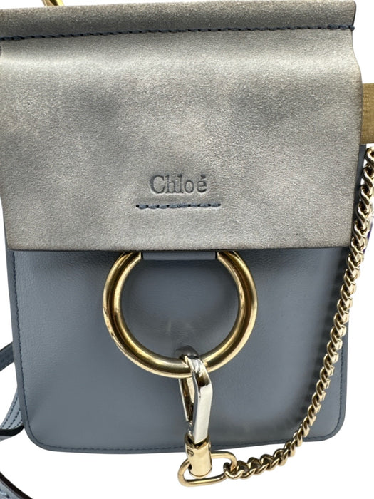 Chloe Dusty Blue Leather Suede Detail Gold Tone Hardware Ring Detail Bag Dusty Blue / Mini