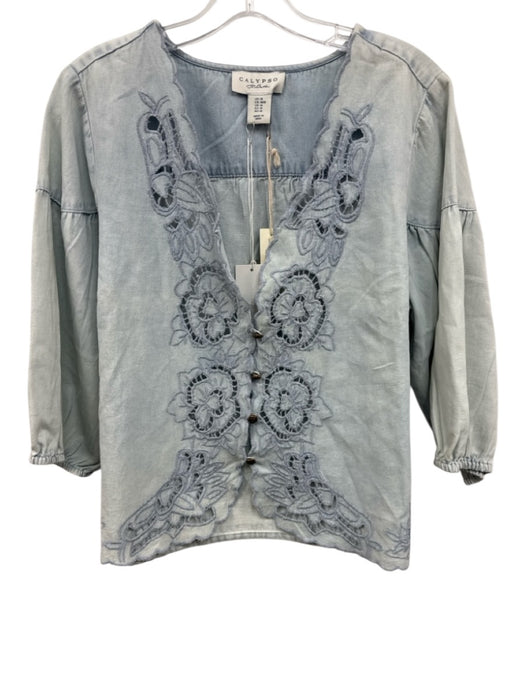 Calypso St. Barth Size Medium Light Wash Cotton Half Sleeve Floral Eyelet Top Light Wash / Medium