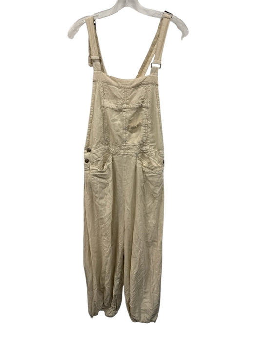 Free People Size Medium Cream Beige Pockets Ankle Tie Side Button Jumpsuit Cream Beige / Medium
