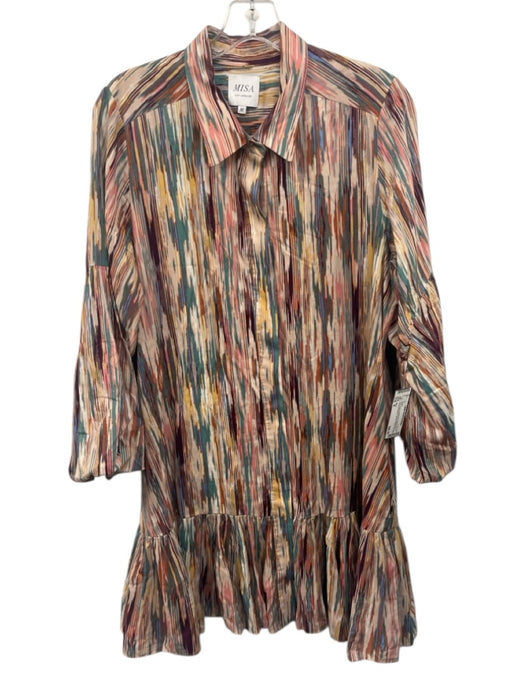 Misa Size M Pink, Green & Multi Print Rayon Blend Long puff sleeve Streaks Dress Pink, Green & Multi Print / M