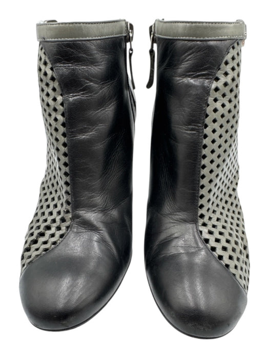 Chanel Shoe Size 37.5 Gray & Black Leather Perforated Round Toe Logo Booties Gray & Black / 37.5