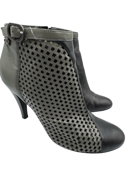 Chanel Shoe Size 37.5 Gray & Black Leather Perforated Round Toe Logo Booties Gray & Black / 37.5