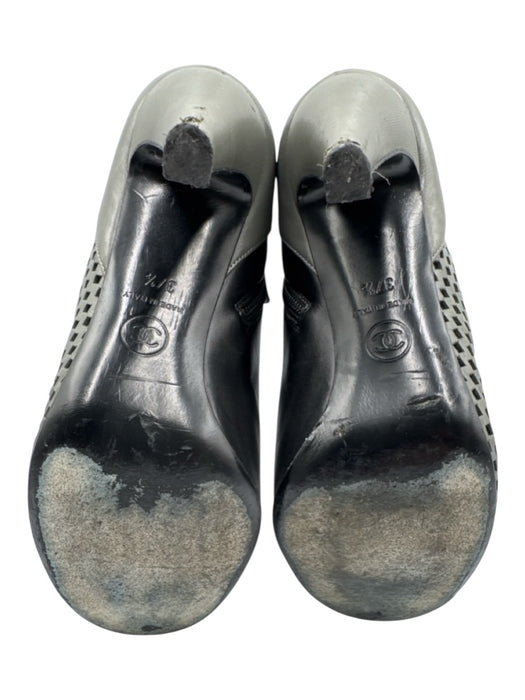 Chanel Shoe Size 37.5 Gray & Black Leather Perforated Round Toe Logo Booties Gray & Black / 37.5