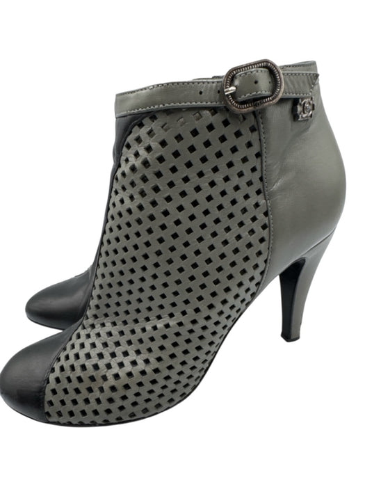 Chanel Shoe Size 37.5 Gray & Black Leather Perforated Round Toe Logo Booties Gray & Black / 37.5