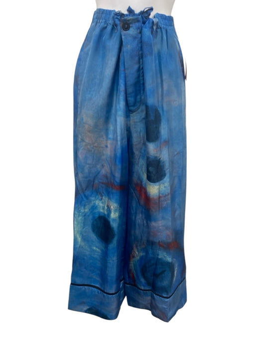 Marni Size 38 Blue, Red, Black Silk High Rise Abstract Cuffed Wide Leg Pants Blue, Red, Black / 38