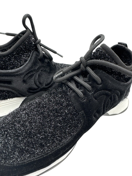Chanel Shoe Size 39 Black Velvet Sock Style Glitter Tweed Lace Up Sneakers Black / 39