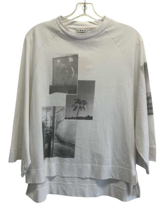 Ganni Size XXS/XS White & Gray Cotton Graphic Wide Sleeve Photo Print Top White & Gray / XXS/XS