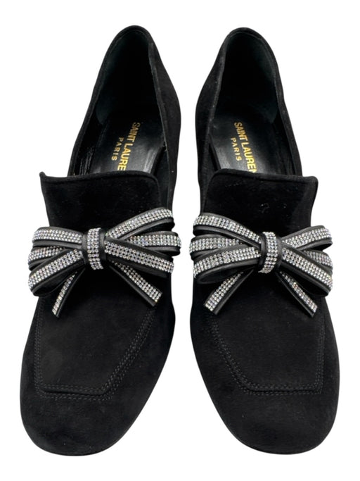Saint Laurent Shoe Size 38 Black Leather Upper Suede Rhinestone Bow Loafers Black / 38