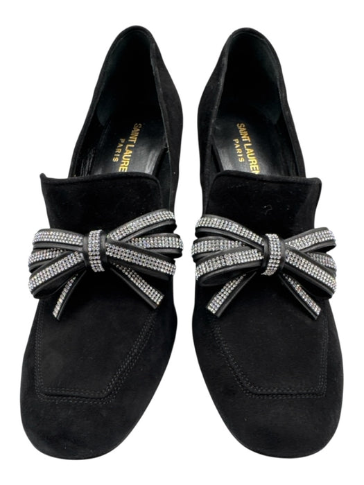 Saint Laurent Shoe Size 38 Black Leather Upper Suede Rhinestone Bow Loafers Black / 38