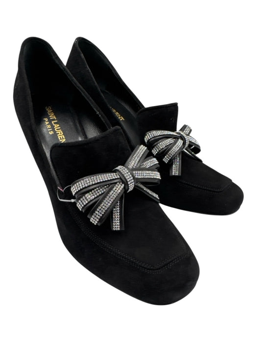 Saint Laurent Shoe Size 38 Black Leather Upper Suede Rhinestone Bow Loafers Black / 38