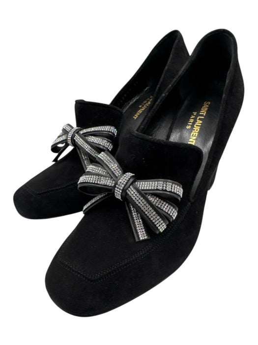 Saint Laurent Shoe Size 38 Black Leather Upper Suede Rhinestone Bow Loafers Black / 38