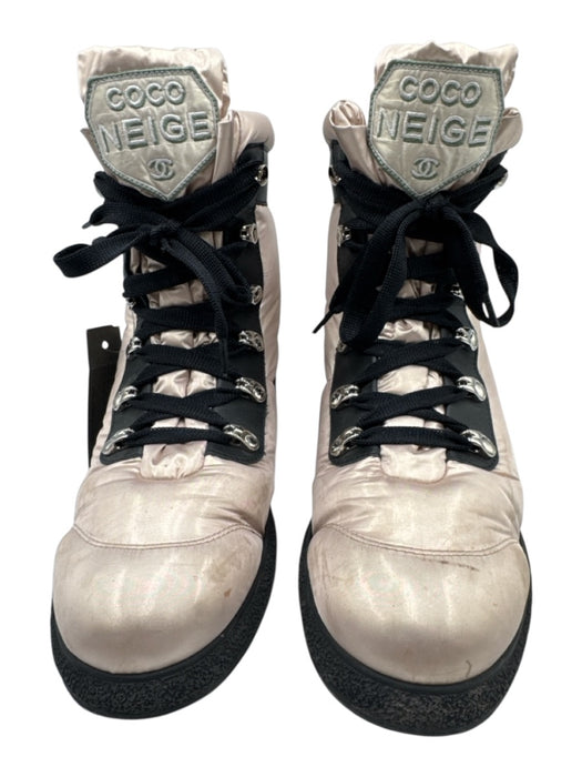 Chanel Shoe Size 38.5 Light Pink & Black textile upper Puffer Lace Up Boots Light Pink & Black / 38.5