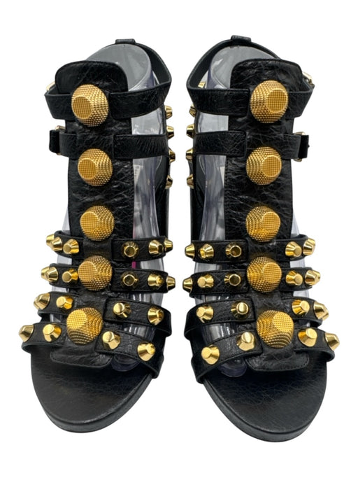 Balenciaga Shoe Size 38.5 Black & Gold Tone Leather Upper Studded Caged Sandals Black & Gold Tone / 38.5