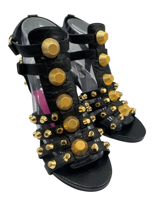 Balenciaga Shoe Size 38.5 Black & Gold Tone Leather Upper Studded Caged Sandals Black & Gold Tone / 38.5