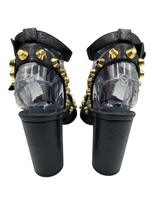 Balenciaga Shoe Size 38.5 Black & Gold Tone Leather Upper Studded Caged Sandals Black & Gold Tone / 38.5