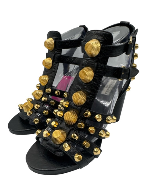 Balenciaga Shoe Size 38.5 Black & Gold Tone Leather Upper Studded Caged Sandals Black & Gold Tone / 38.5