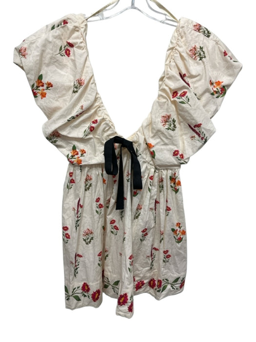 Agua by Agua Bendita Size L Beige & Multi Cotton Floral V Neck Tie Detail Dress Beige & Multi / L
