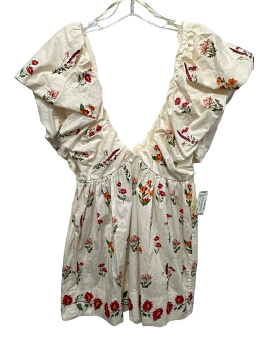 Agua by Agua Bendita Size L Beige & Multi Cotton Floral V Neck Tie Detail Dress Beige & Multi / L